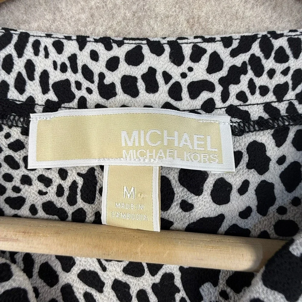 Michael Kors Womens Animal Print Split Neck Blouse Black White Size M T2074